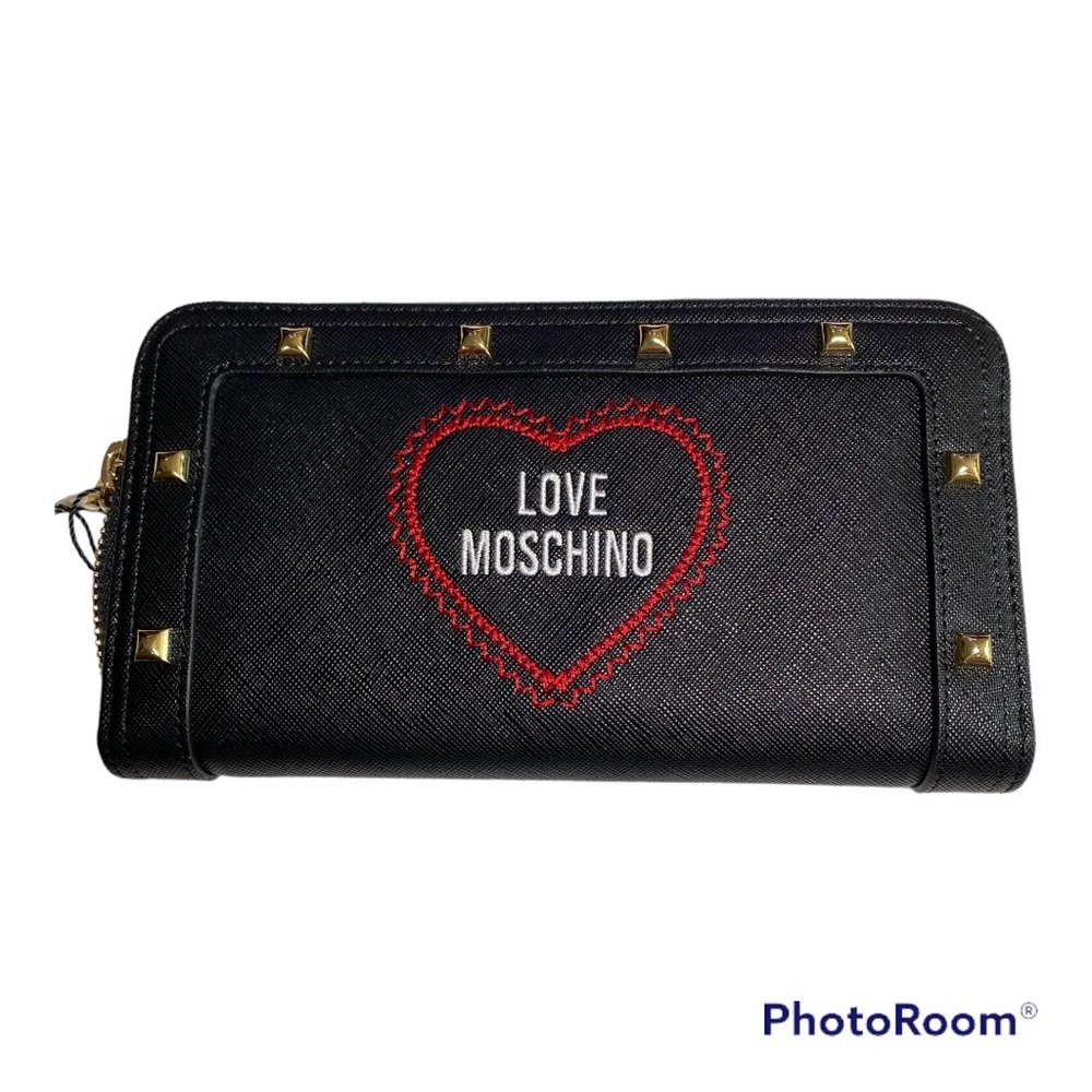 New LOVE MOSCHINO Black PU Long Wallet Zip Around Gold Stud Embroidered